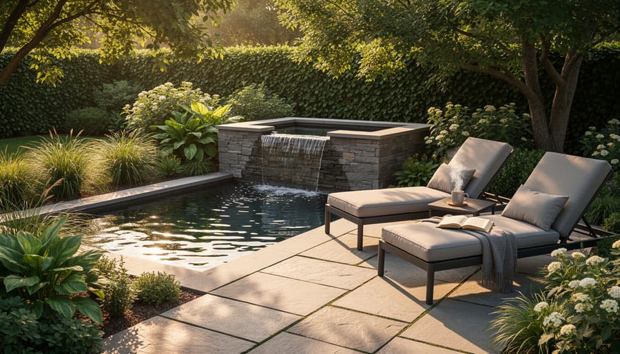 Woman enjoying peaceful morning on patio with small water fountain nearby