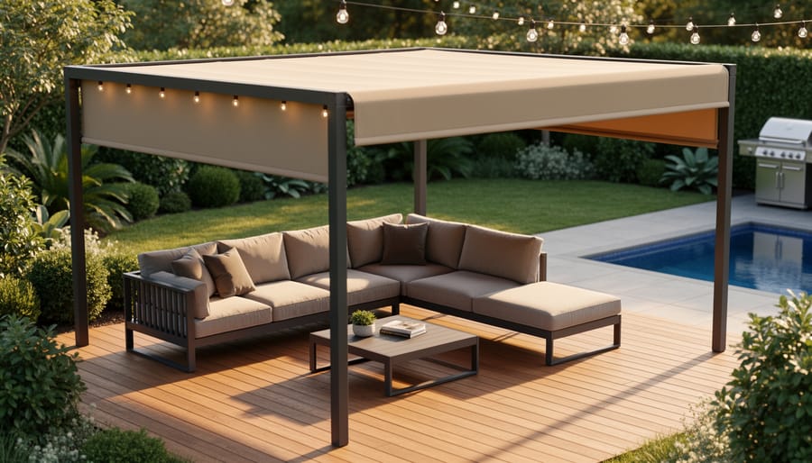 Modern outdoor sectional with built-in retractable canopy extended over seating on a sunlit deck, with landscaped garden, pool, and grill softly blurred in the background.