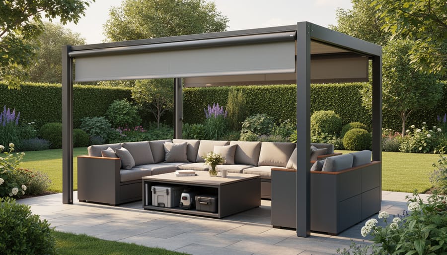 Modern patio furniture set with extended retractable canopy providing shade over sectional seating