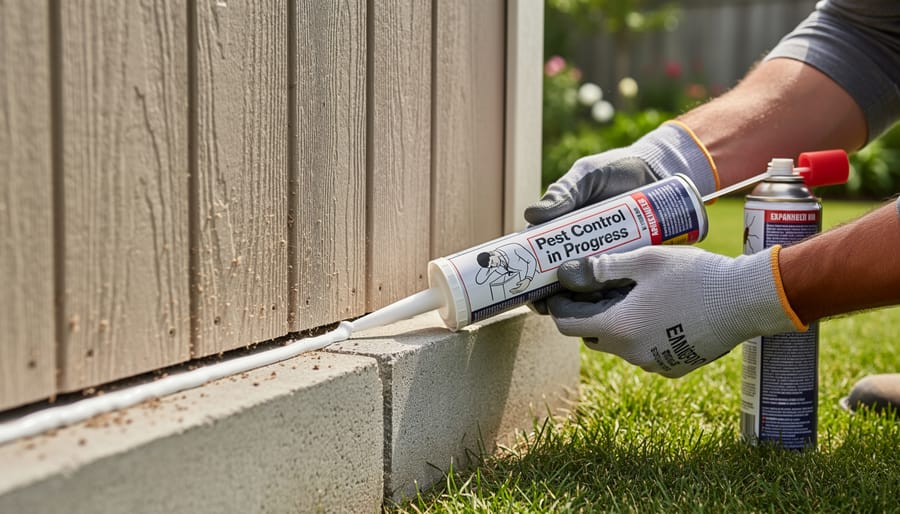 Person sealing gaps in wooden shed wall with caulking gun to prevent pest entry