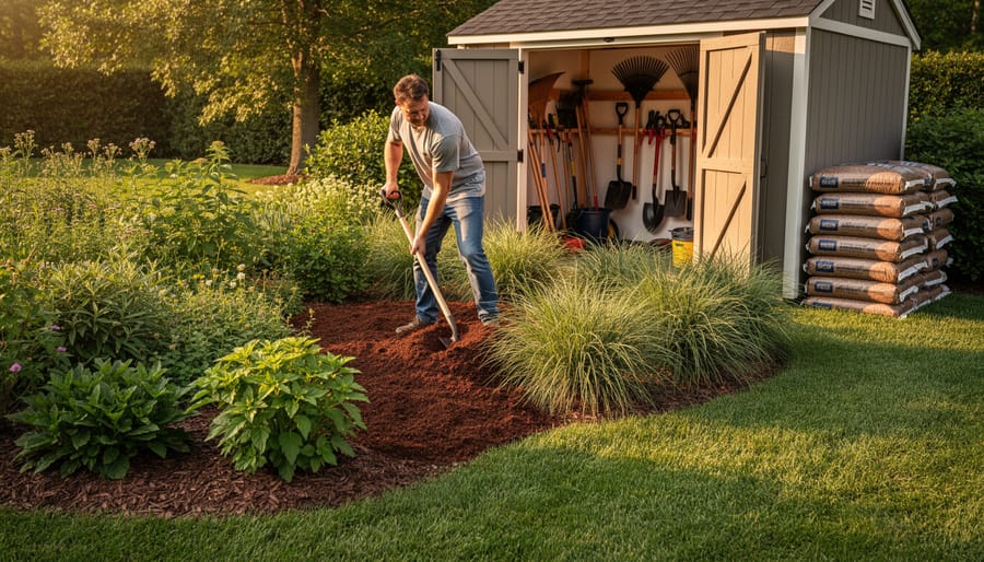 Homeowner spreading bulk mulch around a native plant bed beside a partially replaced lawn with ornamental grasses, with a tidy tool shed and stored mulch visible in the background at golden hour.