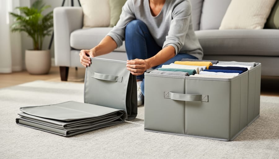 Hands assembling the frame of a collapsible storage container outdoors