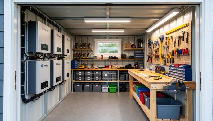 Interior of solar-powered shed showing battery storage system and LED-lit workspace