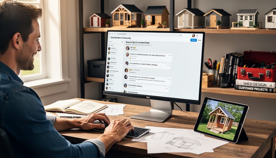 Group of people discussing storage shed features and construction in backyard setting