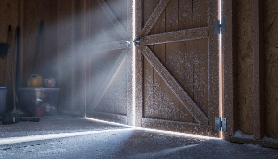 Wooden shed door with frost buildup showing heat loss in winter conditions