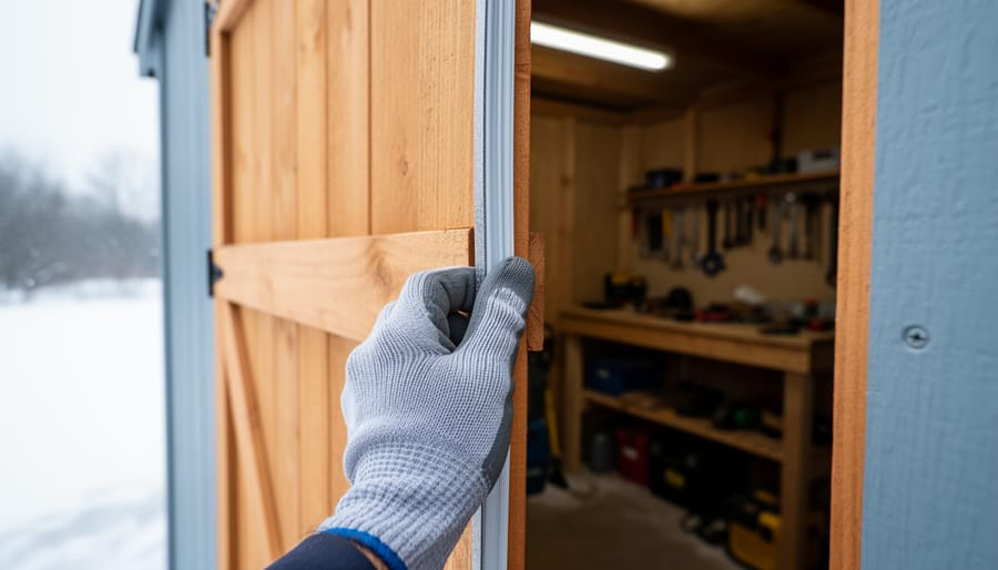 Gloved hand pressing adhesive weatherstripping onto a wooden shed door jamb, with a snowy yard blurred outside and a tidy tool bench visible inside.