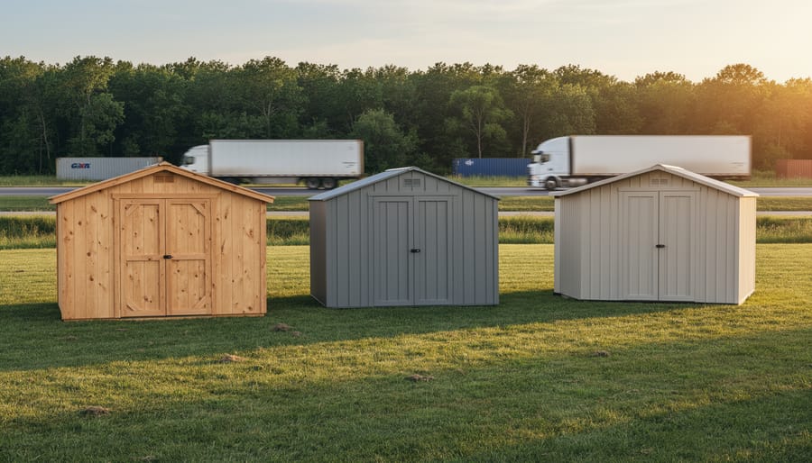 Three backyard sheds made of wood, metal, and resin aligned diagonally on a grassy lot at golden hour, with a tree line, a distant road with a semi-truck, and muted cargo containers in the background.