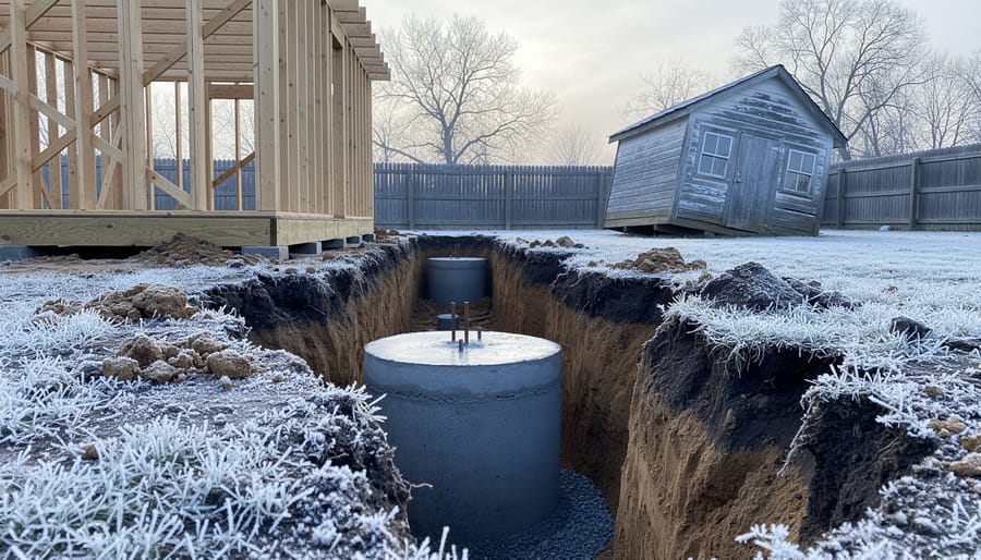 Low-angle view of a backyard shed project with a deep concrete pier footing in a soil trench, frost on the ground under bright overcast light, with a slightly tilted older shed, fence, and leafless trees in the background.