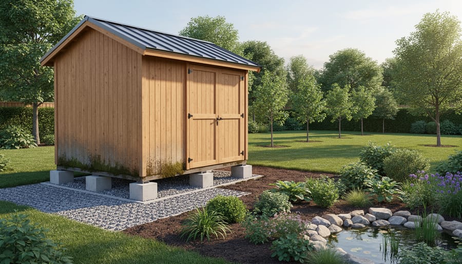 Close-up detail of shed foundation showing gravel drainage and treated lumber installation