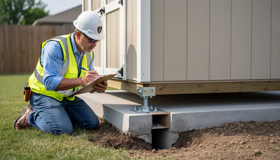 Building inspector examining shed foundation for code compliance