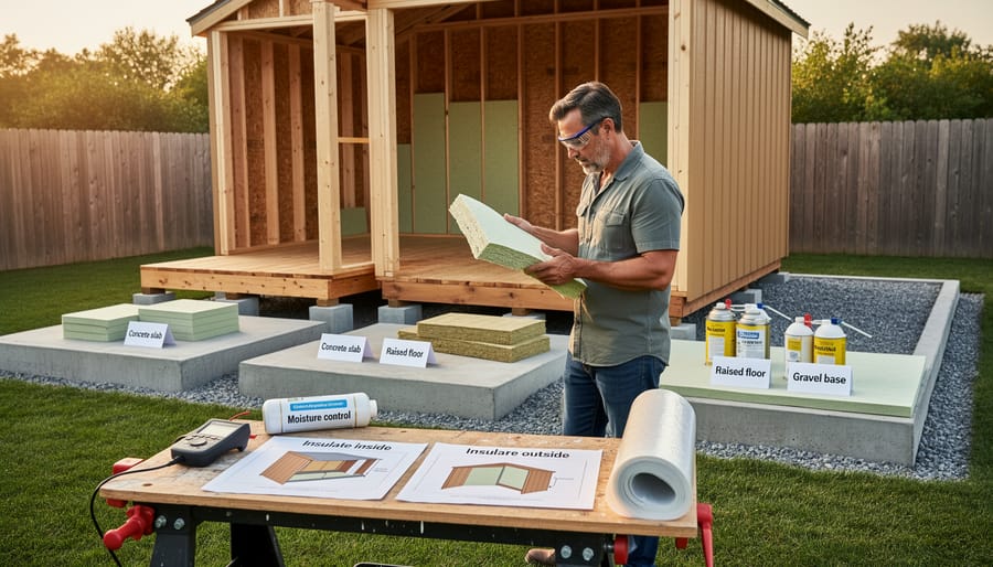 Various foundation insulation materials including rigid foam boards, vapor barrier, and fiberglass batts