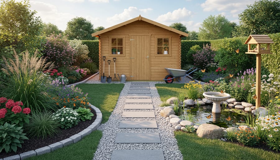 Overhead view of organized pollinator garden layout around shed corner