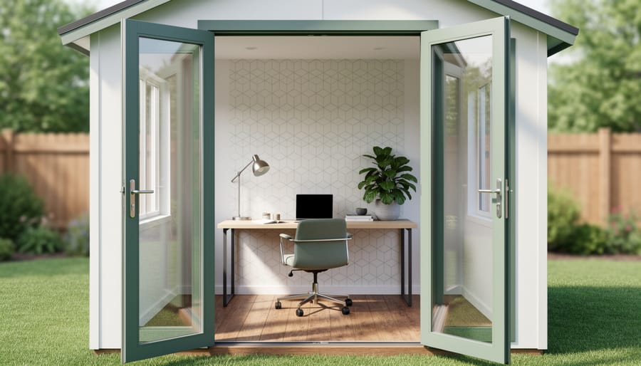 Eye-level view into a converted backyard shed home office with open double doors, a desk and ergonomic chair against a subtle geometric wallpaper accent wall, plants and task lamp inside, and a softly blurred garden and fence beyond.