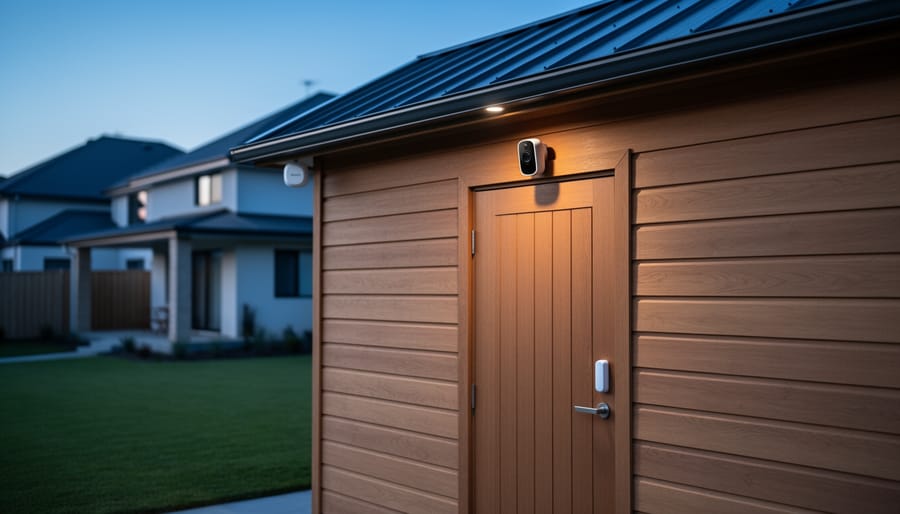 Backyard shed with an outdoor security camera above the door and a wireless door sensor, shot at dusk from a 45-degree angle, with the main house and discreet outdoor Wi‑Fi node blurred in the background.