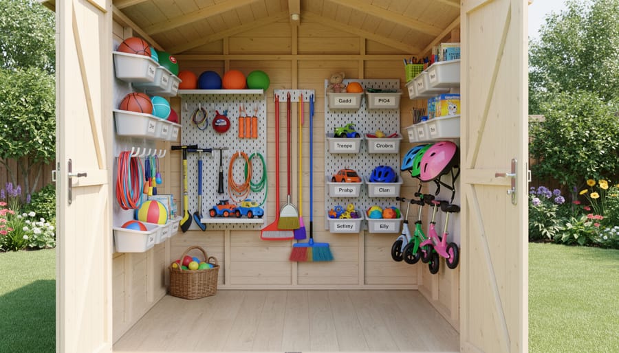 Small wooden storage shed in backyard with children's bikes and outdoor toys nearby