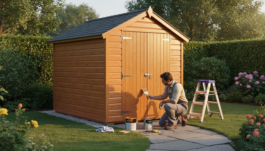 Homeowner applying wood sealant to shed exterior with brush during routine maintenance