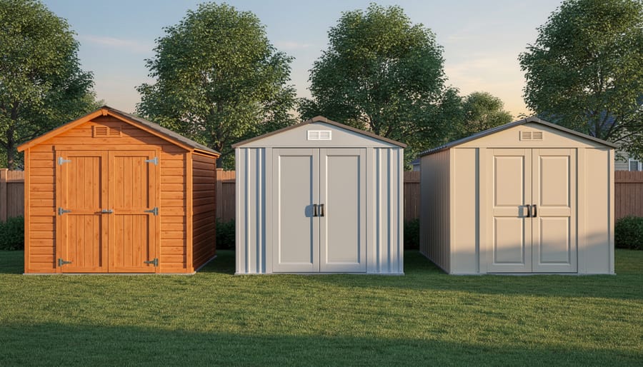 Interior of organized shed with wall-mounted hooks, shelves, and sports equipment storage