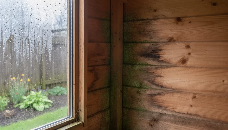 Garden shed exterior showing condensation on window and moisture damage on wooden siding