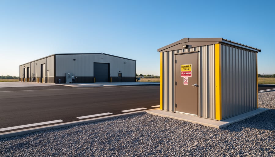 Aerial view of properly positioned storage shed with safety clearance from residential home