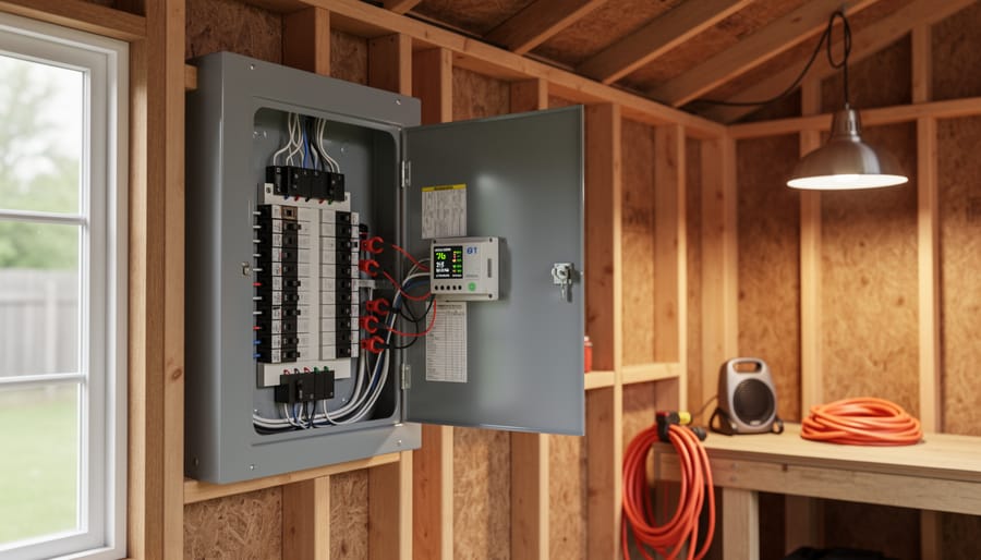 Eye-level view of a shed interior showing an open electrical subpanel fitted with clamp-on current sensors and a small power monitoring device; a workbench, coiled extension cord, portable space heater, and hanging shop light are blurred in the background.