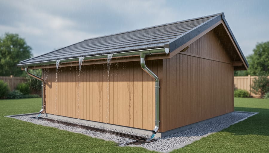 Detail of shed roof with gutter system channeling rainwater away from structure