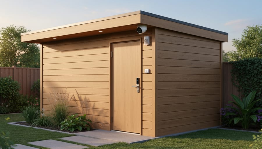 Garden shed with security camera and motion sensor light mounted on exterior