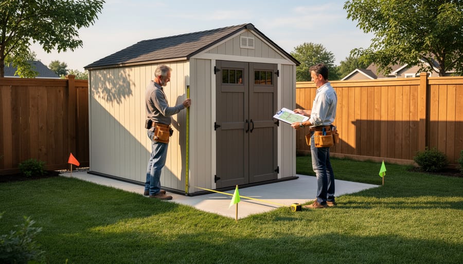 Storage shed positioned in backyard with visible property line markers showing setback distances