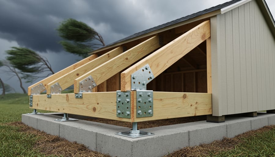 Close-up of hands installing metal reinforcement brackets on shed wall structure