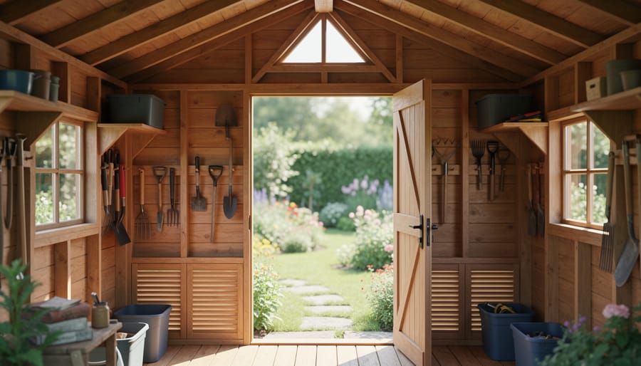 Interior of a wooden shed with low wall vents and a high gable vent, open door and window, organized tools, and soft natural daylight creating a dry, fresh environment.