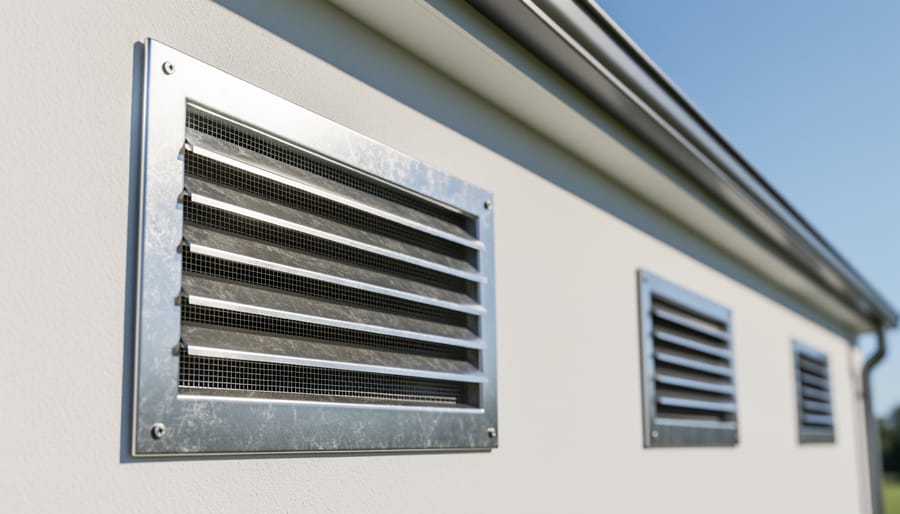 Louvered wall vent with mesh screen installed in wooden shed exterior