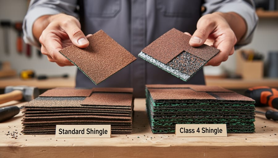 Comparison showing construction differences between standard and Class 4 impact-resistant shingles