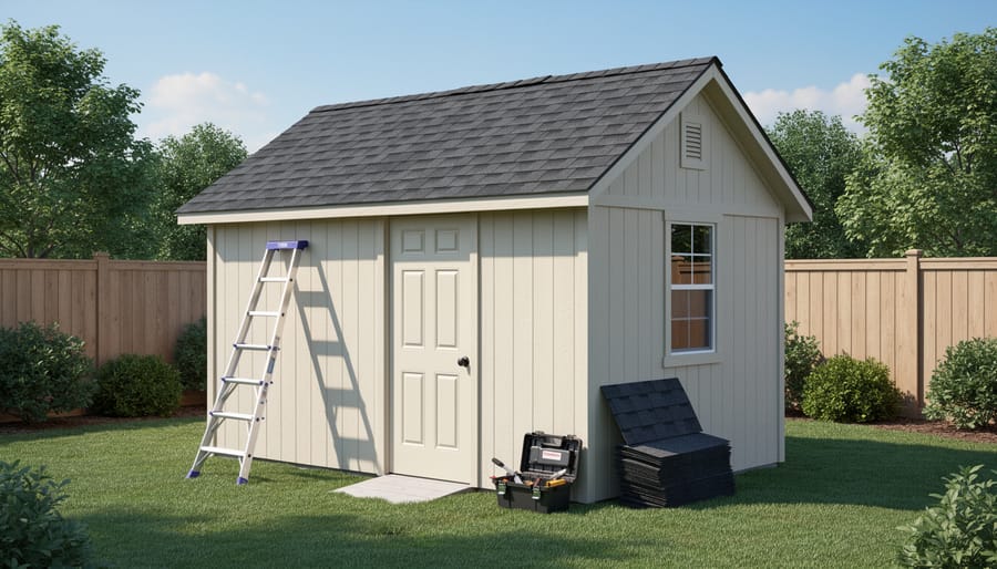 Garden shed with asphalt shingle roof in residential backyard