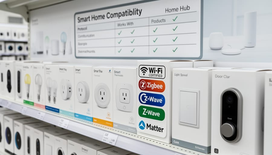 Smart home devices showing Zigbee, Z-Wave, and Wi-Fi certification logos on packaging