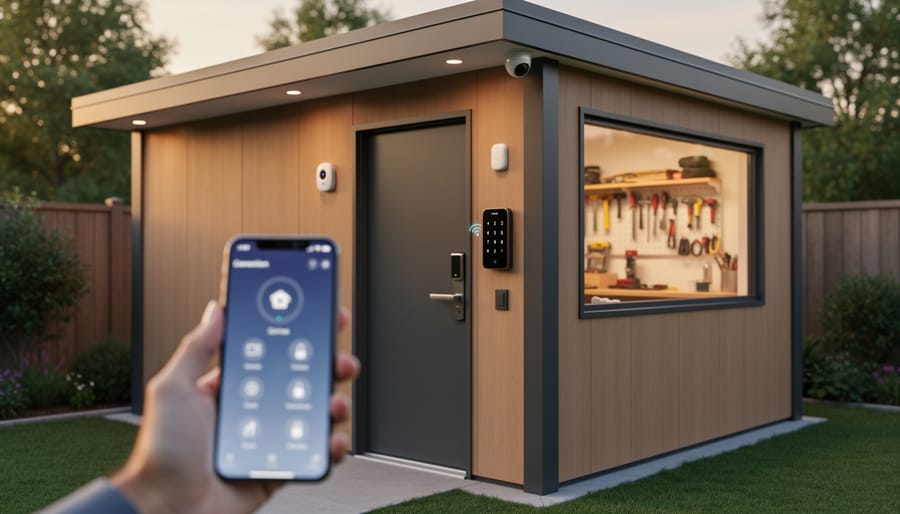 Wooden backyard shed with smart security camera, lighting, and digital lock installed