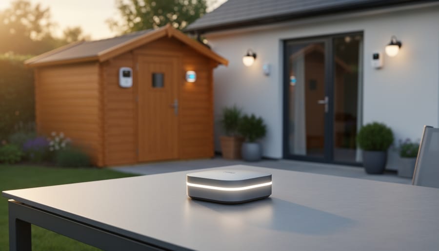 Smart home hub with glowing indicator on an outdoor table, with a wooden garden shed and house in the background; small door sensor visible on the shed door under warm evening light, shallow focus.