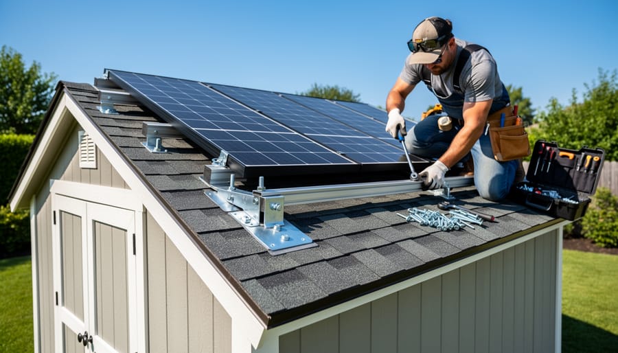 Close-up of hands installing solar panel mounting brackets on shed roof