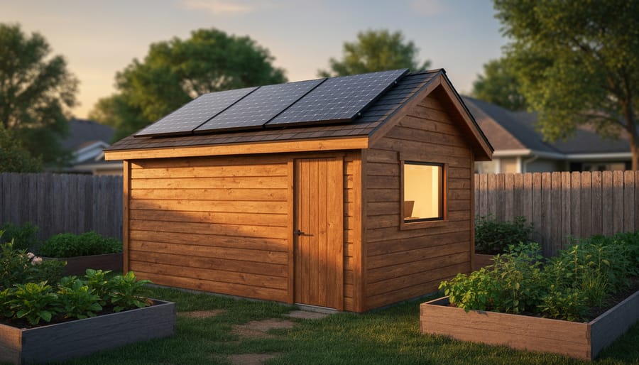Wooden backyard shed with two tilted solar panels on the roof at golden hour, faint LED glow visible through the window, with garden beds, fence, and trees softly blurred in the background.