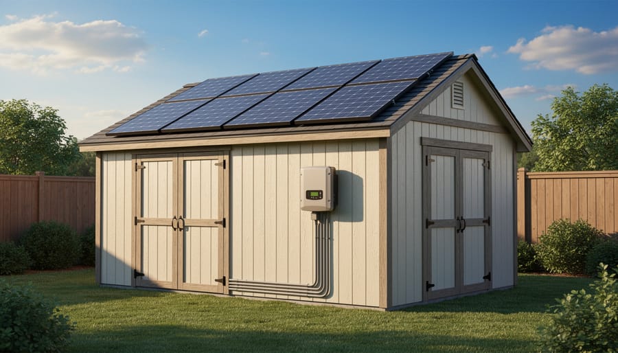 Garden shed with solar panels mounted on roof in residential backyard