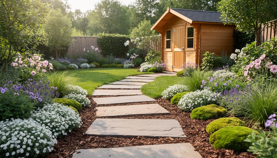 Stepping stone pathway through creeping thyme groundcover leading to garden shed