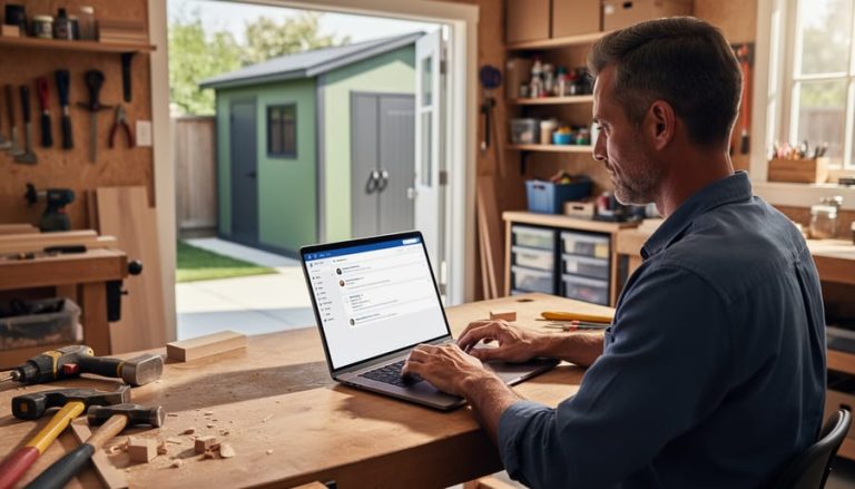 Small business owner typing on a laptop at a neat workshop bench, pegboard tools and storage bins visible, daylight illuminating the space, and a modern backyard storage shed seen through an open doorway; laptop screen out of focus.