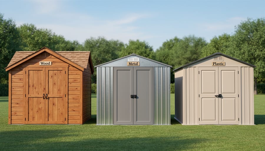 Three backyard sheds side by side showing wooden, metal, and vinyl construction types