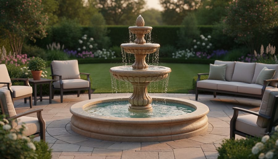 Tiered stone fountain with flowing water on residential patio with outdoor furniture