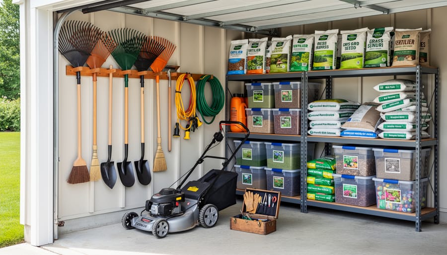 Well-organized garden shed with tools and supplies properly stored on walls and shelves