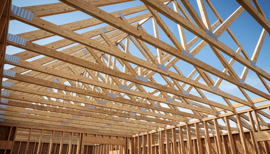 Wooden bracing boards installed horizontally and diagonally across multiple roof trusses for stability