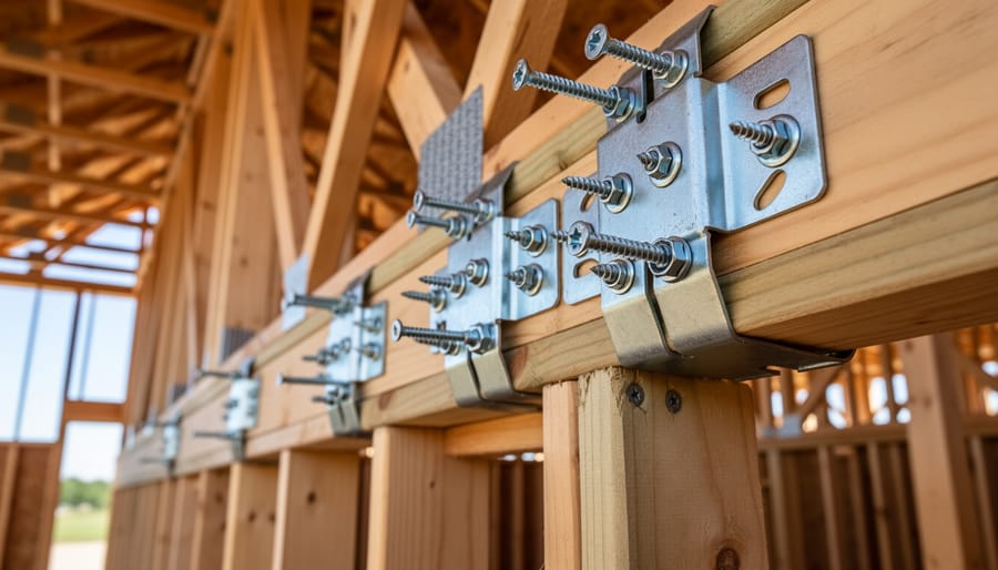 Metal hurricane tie connector fastening wooden truss to shed wall top plate with multiple nails