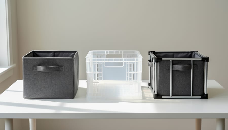 Three different types of collapsible storage containers showing fabric, plastic, and hybrid designs