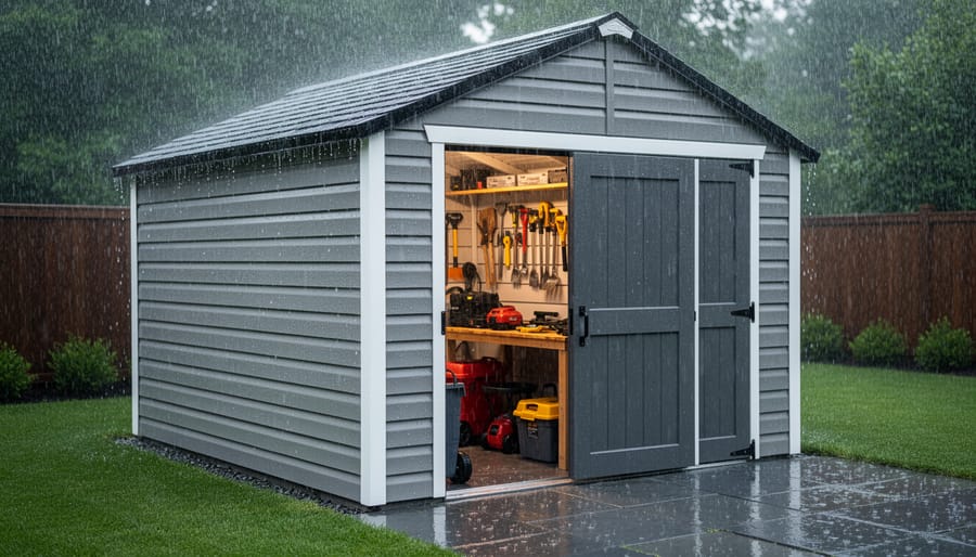 Metal weatherproof storage shed in backyard with rain water beading on surface