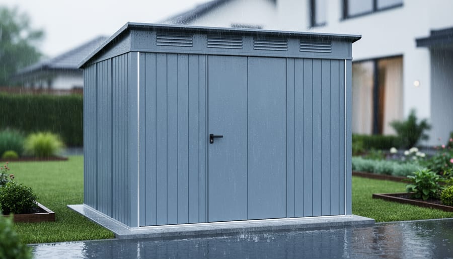 Modern metal weatherproof storage shed in a rainy backyard with water beading on panels, elevated foundation and roof vents visible, wet lawn and garden beds softly blurred in the background.