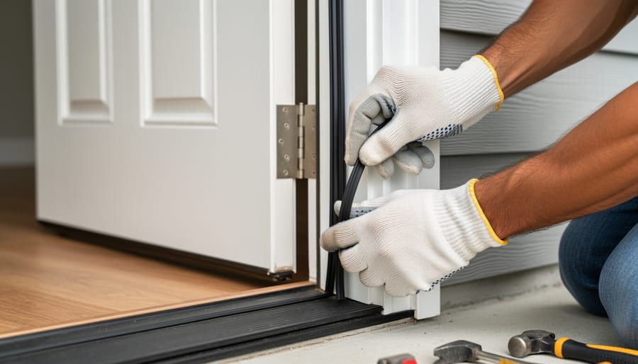 Weatherstripping being installed along shed door frame to seal gaps