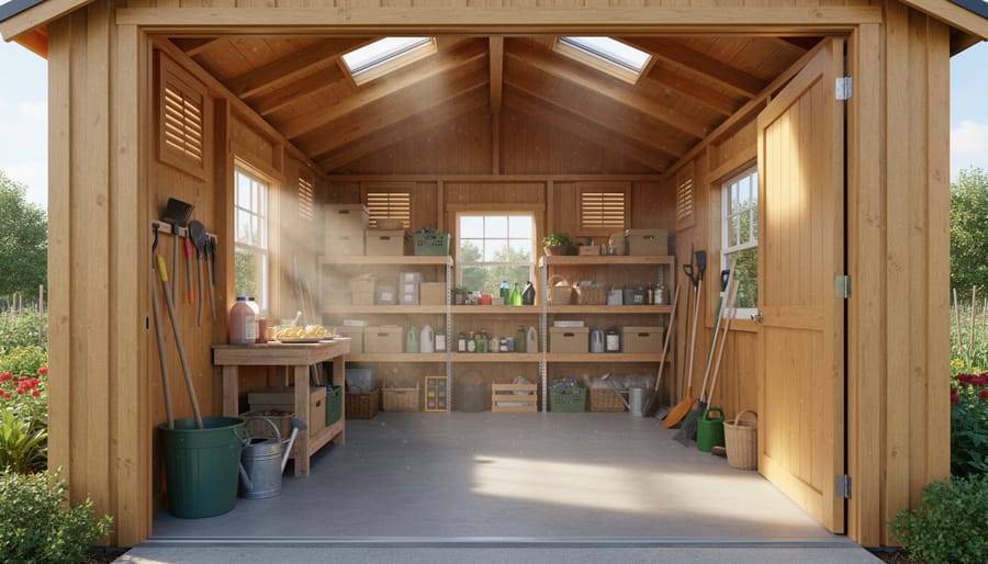 Clean, well-ventilated shed interior with organized storage and natural light from vents